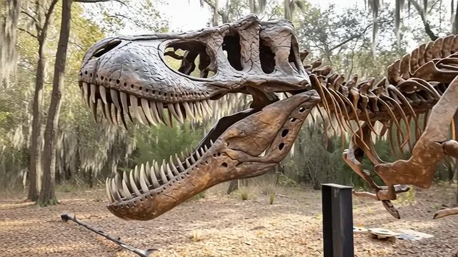 Man Stands Next to Large Tyrannosaurus Rex Skeleton Fossil Display.