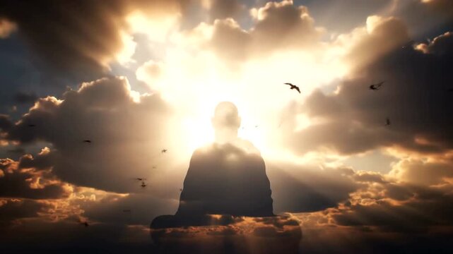 Majestic Sunburst Through Clouds with Silhouette and Birds.