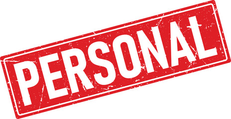 Distressed Red Personal Rubber Stamp on White Background, Angled, Showing Wear and Tear