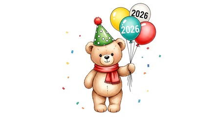 Obraz premium Cute watercolour teddy bear celebrating new year 2026 with balloons