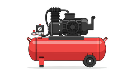 Side View Illustration of a Red Portable Air Compressor Unit with Horizontal Tank and Pressure Control Settings Isolated on a White Background.