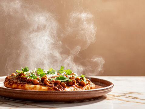 Steaming hot plate featuring rich slow cooked kulfa stew with herb on bread, presenting comforting inviting atmosphere through thick rising steam above traditional savory meal on table