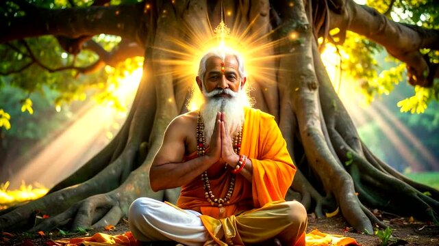 Ancient Guru Meditating Under Banyan Tree with Sun Rays.