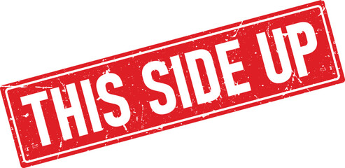 Red Distressed This Side Up Shipping Label Sign on White Background