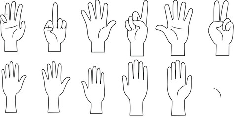 Fototapeta premium Hand gesture outline vector set showing counting numbers and finger signs line art icons isolated on white background
