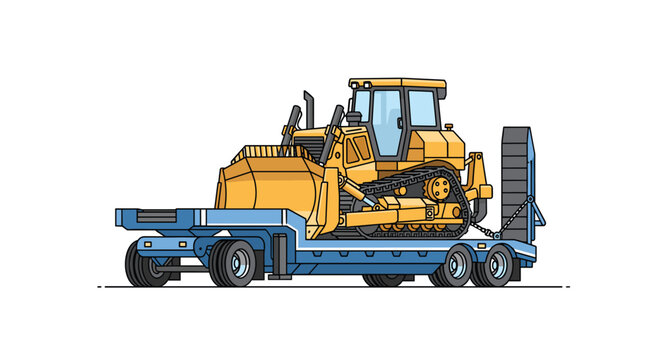 Massive Yellow Bulldozer Secured on a Blue Heavy Duty Lowboy Trailer for Transport to an Earthmoving or Land Clearing Construction Site Profile View.