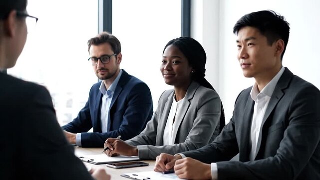 Business people discussing project, multiracial team having meeting in modern office, employees sitting at table