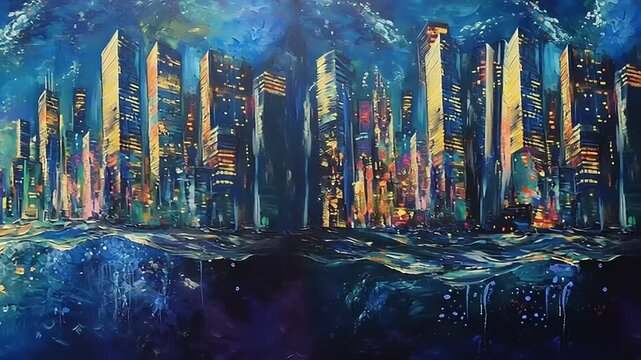 Vibrant City Skyline Painting with Waterfront.