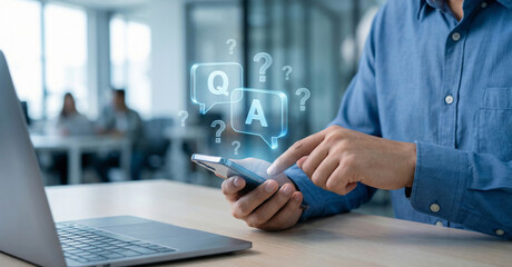 mobile faq chat support concept, customer service q and a icons, ai chatbot help on smartphone, online support messaging interface