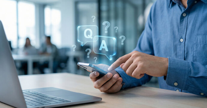 mobile faq chat support concept, customer service q and a icons, ai chatbot help on smartphone, online support messaging interface