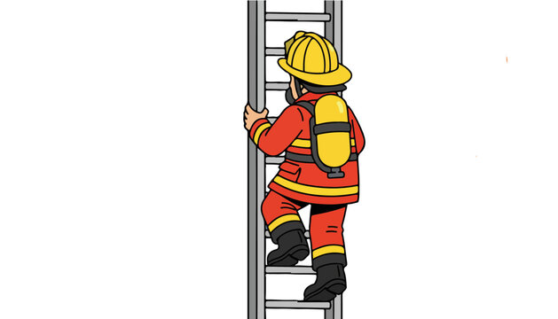 A firefighter climbs a fire escape. Flat vector style. Cartoon, footage, mockup,  Isolated on transparent background.