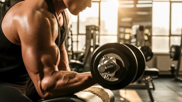 Male athlete performs bicep curl with dumbbell in gym, showcasing muscle definition and strength in a well-lit fitness environment