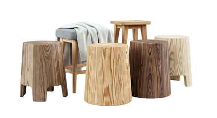Collection of wooden stools with natural wood grain textures