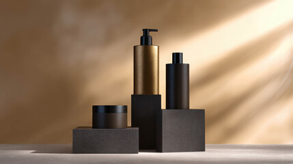 Elegant showcase of skincare products in soft daylight composition featuring various shapes and textures on a stylish background