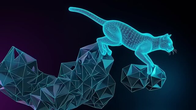 Digital Illustration of Leopard Jumping Over Crystals.