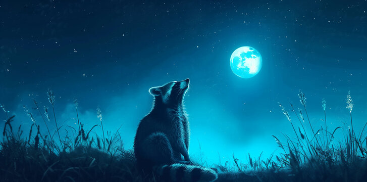 Raccoon sitting in a grassy field looking up at the full moon at night.