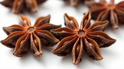 Obraz premium Several aromatic dried star anise spice pods elegantly arranged on a clean white background