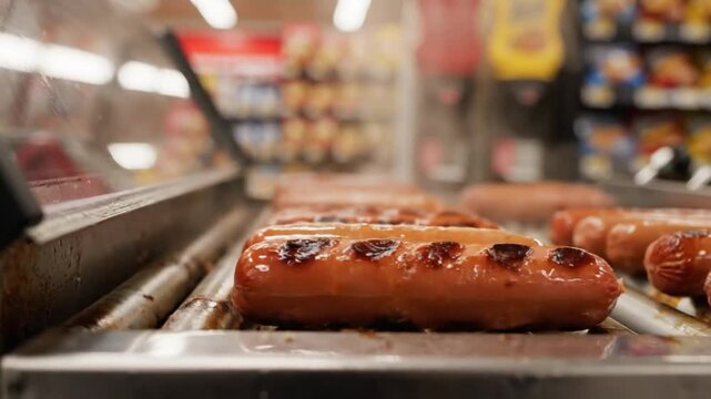 Close-up of freshly grilled hot dogs on a rotating roller grill in a convenience store setting
