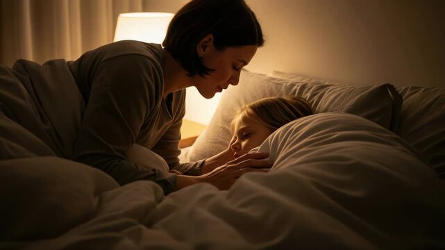 Mother kisses daughter goodnight, tucking her into bed in warm, soft light