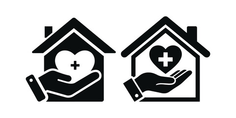 Two stylized house icons with open hands holding heart symbols with crosses inside them