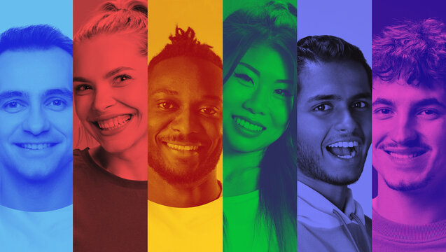 Collage with multicultural faces in colorful vertical composition. Concept of inclusiveness, equal modern HR strategy, international teams, corporate diversity policy, and human centered branding.