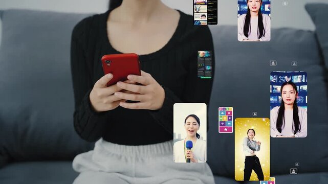 スマホを使う女性とショート動画のコンセプト
