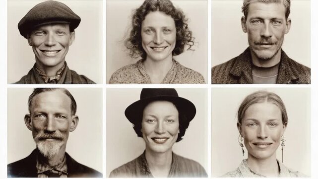 Collection of vintage black and white portrait photographs showing diverse faces from past decades representing history identity memory and human heritage archive