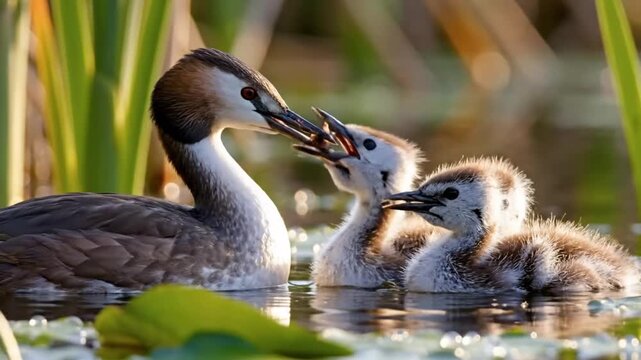Great crested grebe parent feeds its two fluffy chicks in a wetland environment with tall reeds and sunlight.