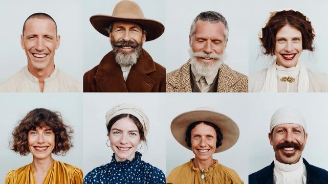 Smiling diverse group poses together on neutral background, showing confidence authenticity and community, modern connection and friendly warmth through expressive portraits