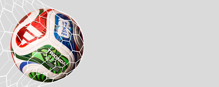 Karachi, Pakistan, 29 January 2026. Horizontal wallpaper for FIFA World Cup 2026. Trionda match ball, soccer event across the USA, Mexico, and Canada. Soccer or football tournament. White empty space.