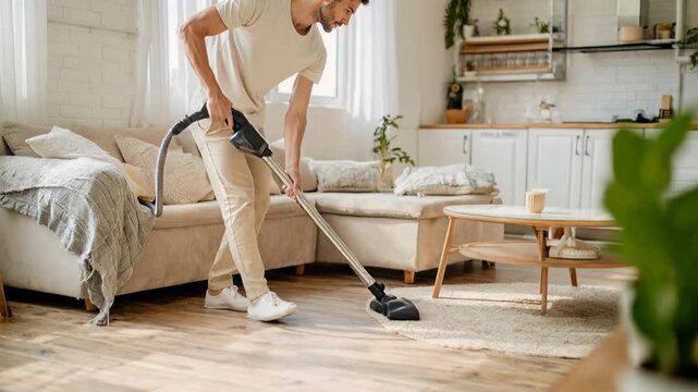 Person vacuuming cozy living room capturing everyday home cleaning routine comfort domestic care and calm lifestyle moment in bright modern interior