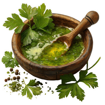 Rustic wooden mortar and pestle containing vibrant fresh green chimichurri sauce surrounded by aromatic parsley leaves and whole peppercorns illustrating flavorful preparation