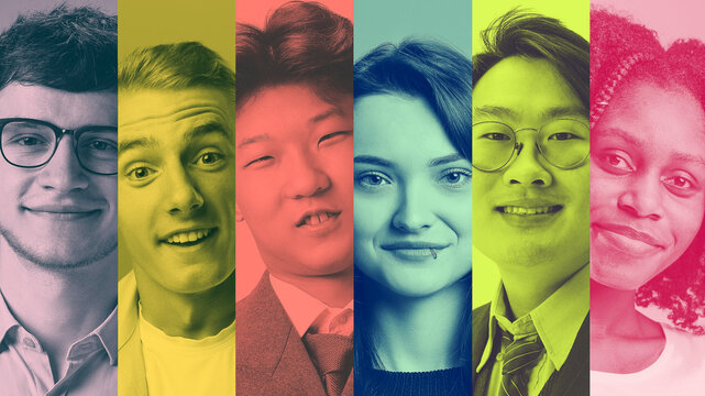 Diversity collage with people portraits symbolizing inclusiveness. Concept of equal representation, shared humanity, social connection, openness, understanding and acceptance across identities.