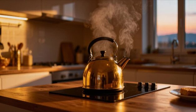 calm suhoor kitchen scene steaming kettle pre dawn light perfect for islamic celebrations