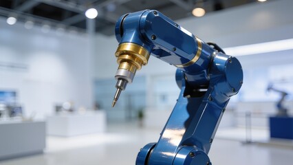 Blue robotic arm in industrial setting
