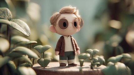A 3D cartoon boy standing in the middle of the garden, surrounded by plants