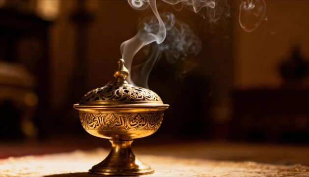 close up brass incense burner with bakhoor smoke perfect for islamic celebrations