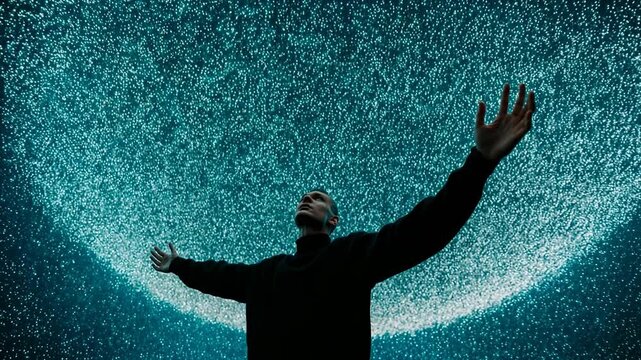 Man standing with raised arms beneath dramatic rain of light expressing surrender freedom inner release and powerful emotional transformation moment