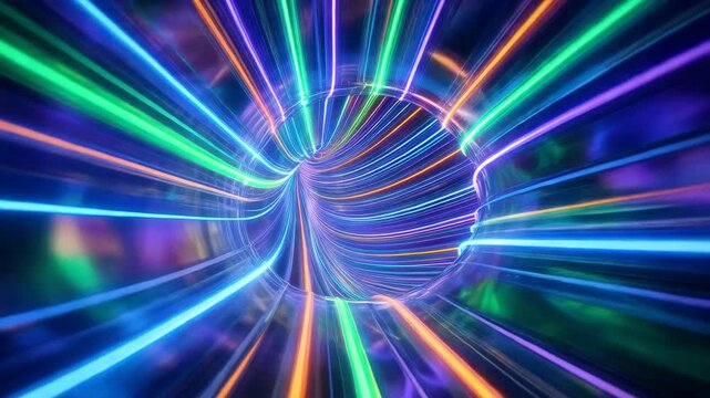 Inside a high-speed fiber optic cable, walls of light moving at light speed, warp effect, vibrant neon streaks, cinematic motion blur