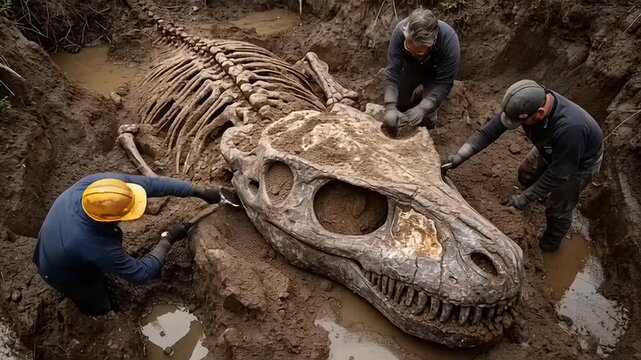 Paleontologists Unearthing Dinosaur Fossil Skeleton in Muddy Excavation Site.