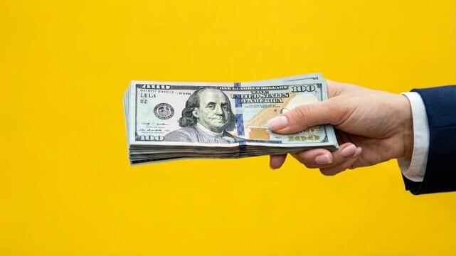 Hands passing dollar bill against bright yellow background emphasizing direct payment simplicity clarity and everyday money exchange concept