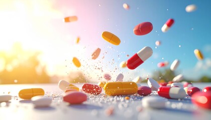 A diverse collection of colorful antibiotic capsules and pharmaceutical tablets isolated on white, featuring pills in a glass for healthcare and medical prescription care