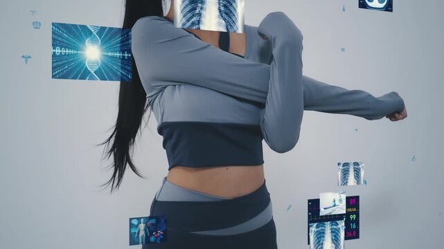 Stretching woman and healthcare technology concept