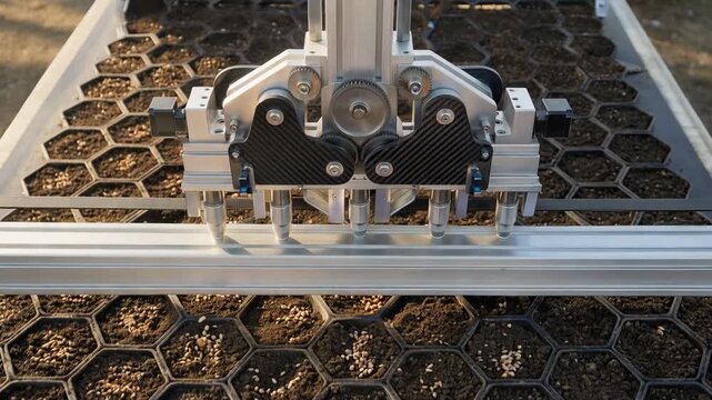 Top-down view of a precision seeding machine in a smart farm, seeds being placed into perfectly hexagonal soil modules, high-tech industrial aesthetic, symmetry, soft morning light, ultra-detailed tex