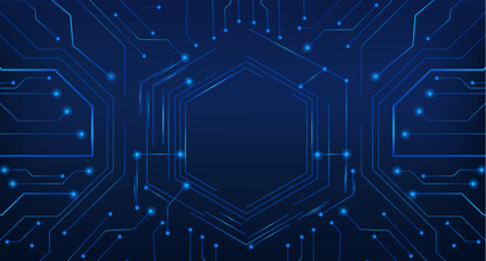 Obraz na płótnie Canvas Hi tech circuit board frame with glowing blue lines and futuristic digital patterns, vector realistic illustration. High tech abstract electronic backdrop with hexagonal border and neon light