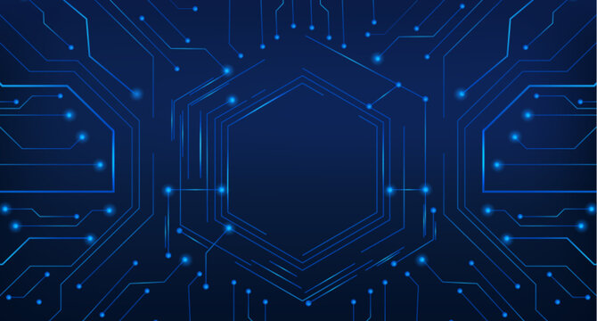 Hi tech circuit board frame with glowing blue lines and futuristic digital patterns, vector realistic illustration. High tech abstract electronic backdrop with hexagonal border and neon light