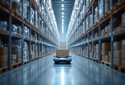 Autonomous Mobile Robot Carrying Package in Modern Automated Logistics Warehouse Aisle