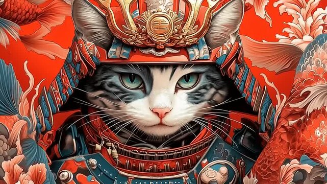 Majestic Samurai Cat Portrait with Intricate Japanese Armor and Floral Background.