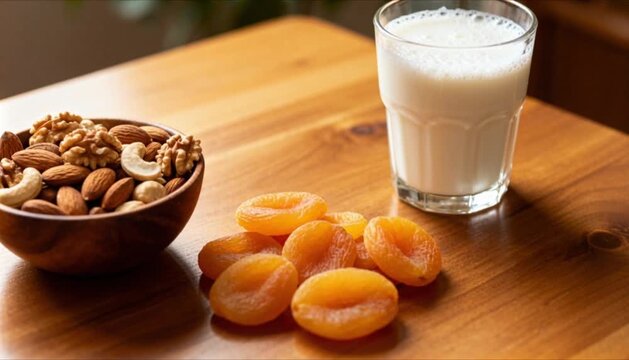 healthy suhoor bowl of nuts and milk on wooden table perfect for islamic celebrations