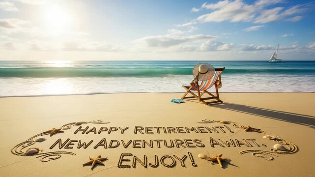 Happy Retirement Wishes Written in Sand on a Tropical Beach